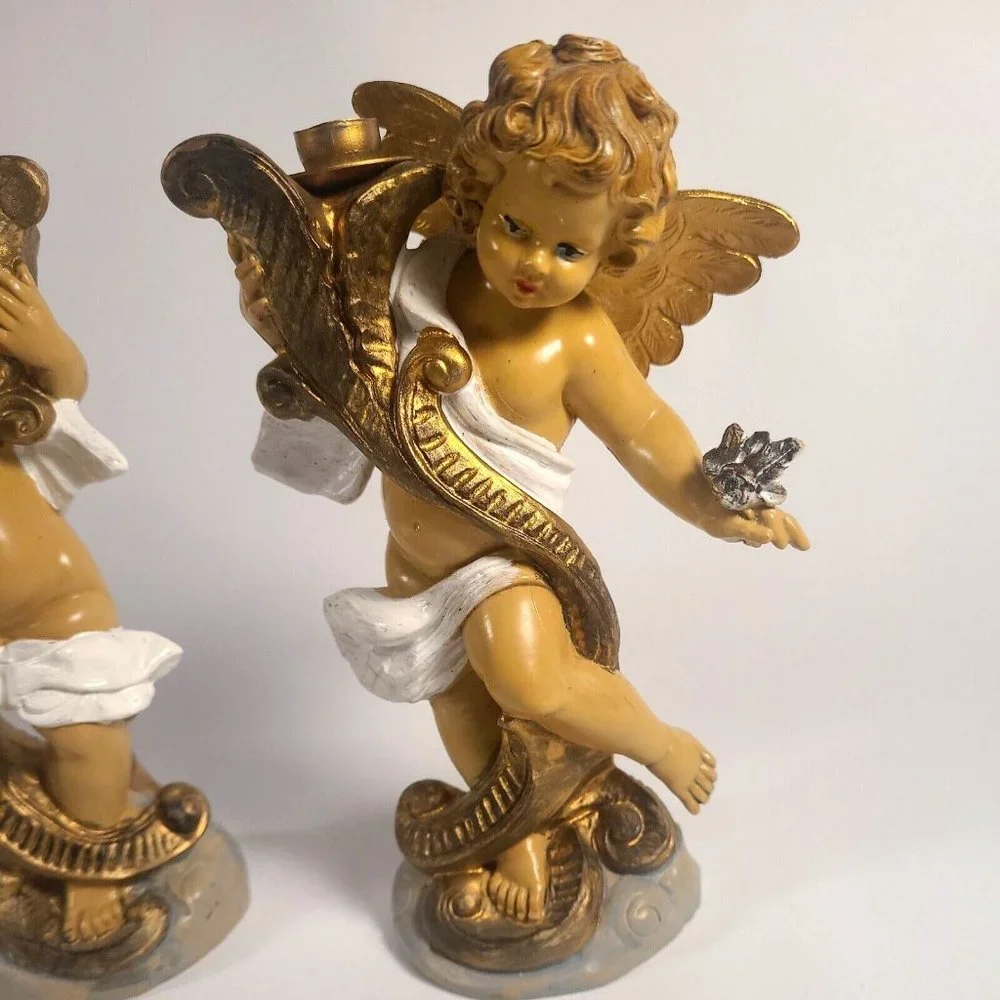 Vtg Fontanini Italy chubby Cherub Tapered Candle Holders #5042 & #5043 blue eyes